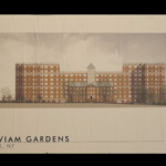 Architect's rendering of Serviam Gardens. Center: St. Mary's Hall, with Serviam Gardens #1 and #2 on either side of it, and at the far end on each side, Tower #1 and Tower #2. Oaklander, Coogan & Vitto Architects, P.C.
